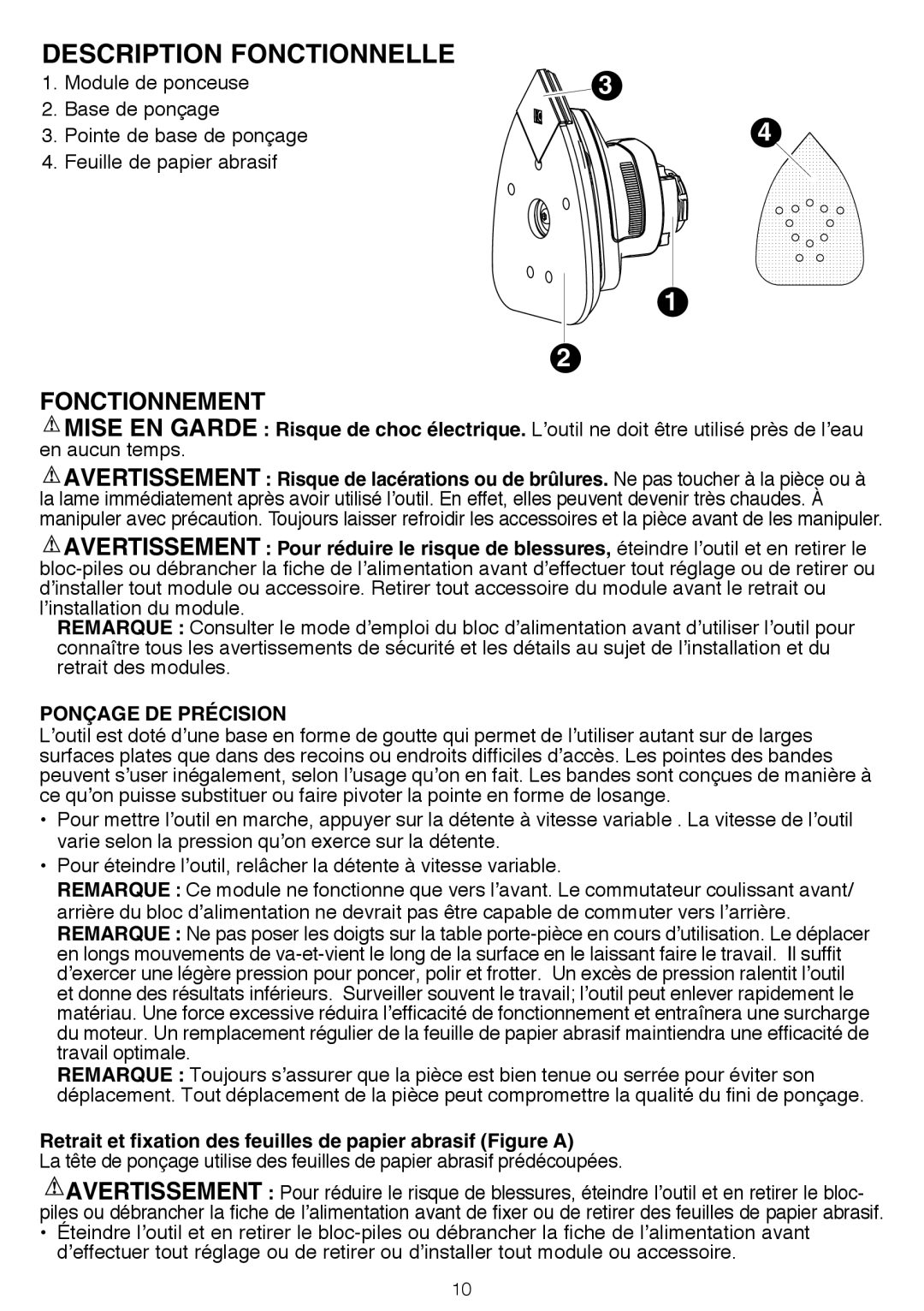 Black & Decker BDCMTS instruction manual Description Fonctionnelle, Fonctionnement, Ponçage DE Précision 