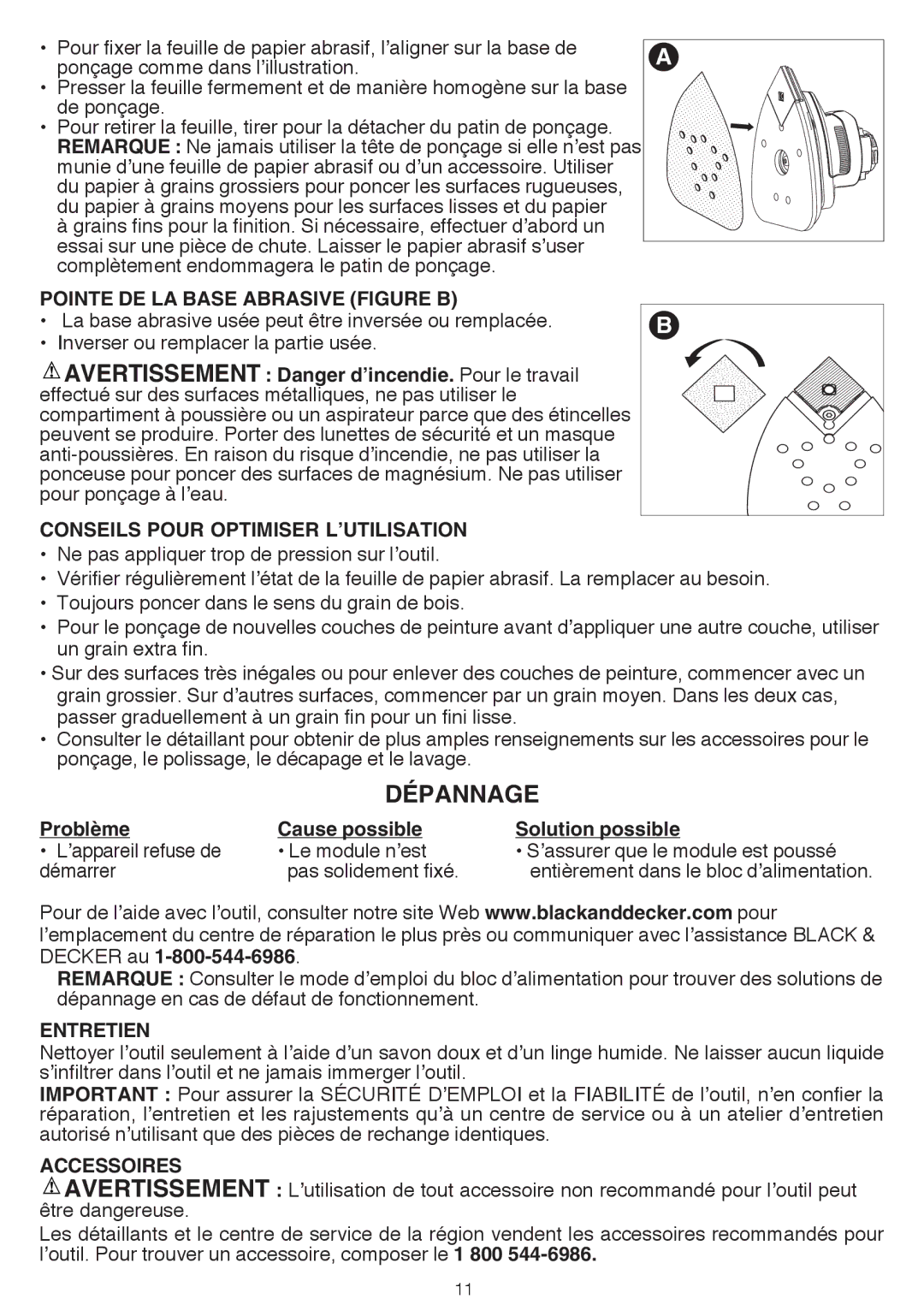 Black & Decker BDCMTS Dépannage, Pointe DE LA Base Abrasive Figure B, Conseils Pour Optimiser L’UTILISATION, Entretien 