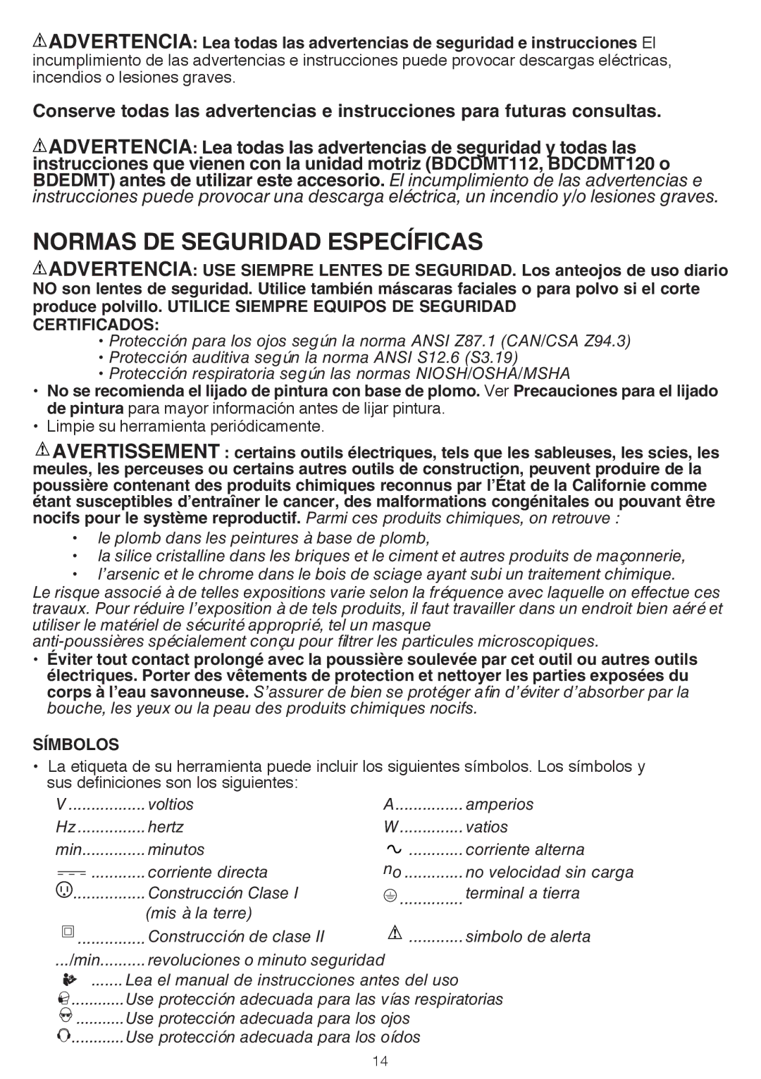 Black & Decker BDCMTS instruction manual Normas DE Seguridad Específicas, Certificados, Símbolos 