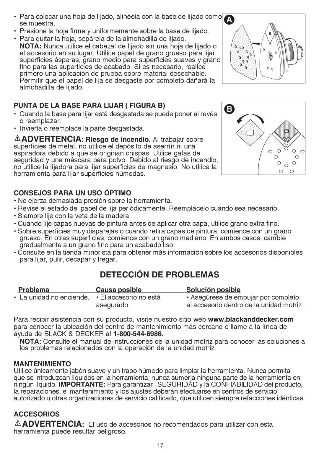 Black & Decker BDCMTS Detección DE Problemas, Punta DE LA Base Para Lijar Figura B, Consejos Para UN USO Óptimo 