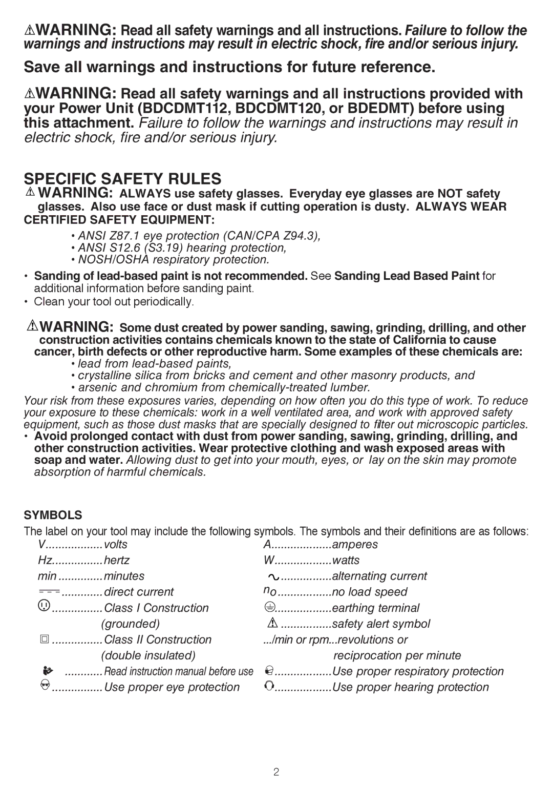 Black & Decker BDCMTS instruction manual Specific Safety Rules, Symbols 