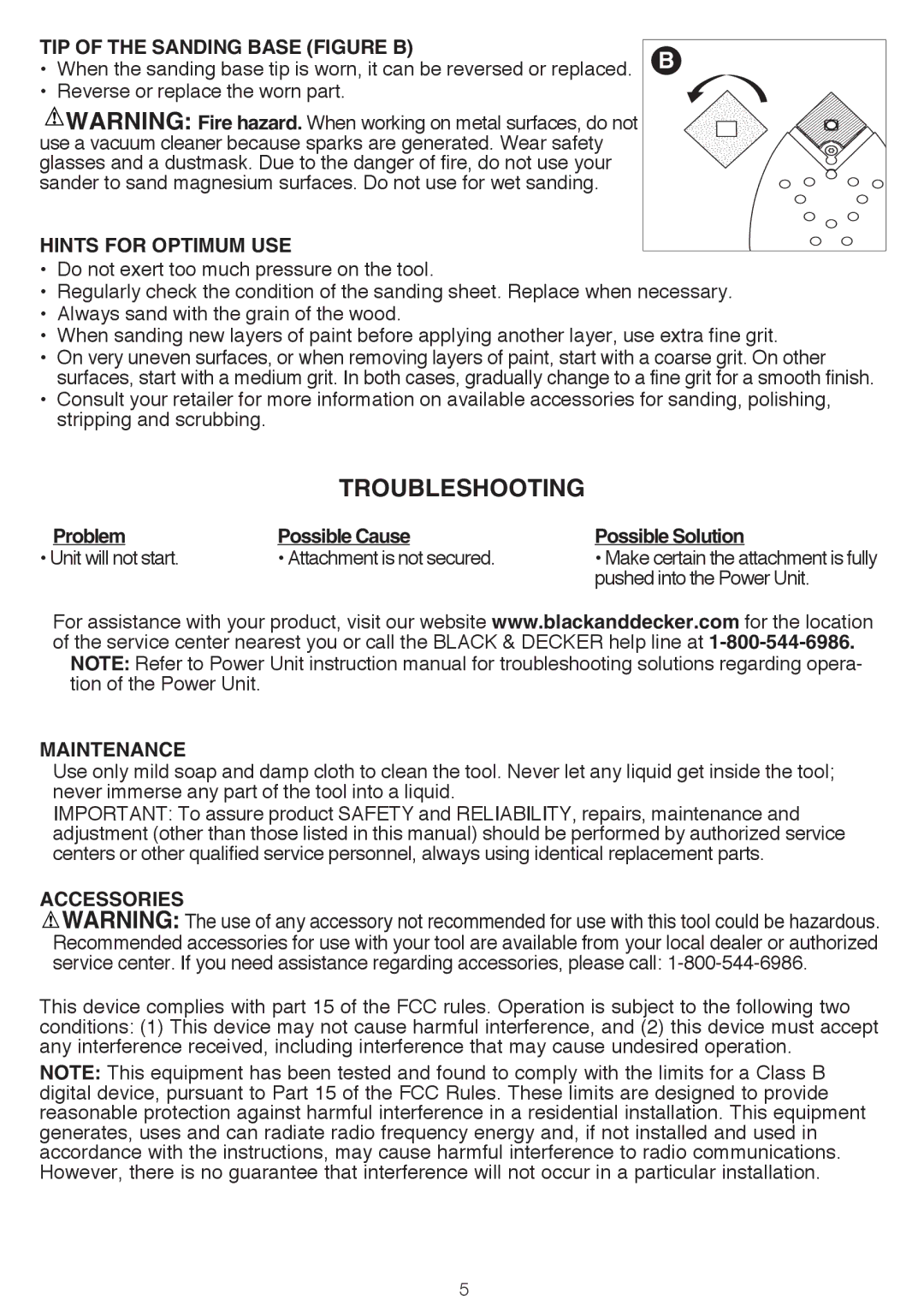 Black & Decker BDCMTS Troubleshooting, TIP of the Sanding Base Figure B, Hints for Optimum USE, Maintenance, Accessories 