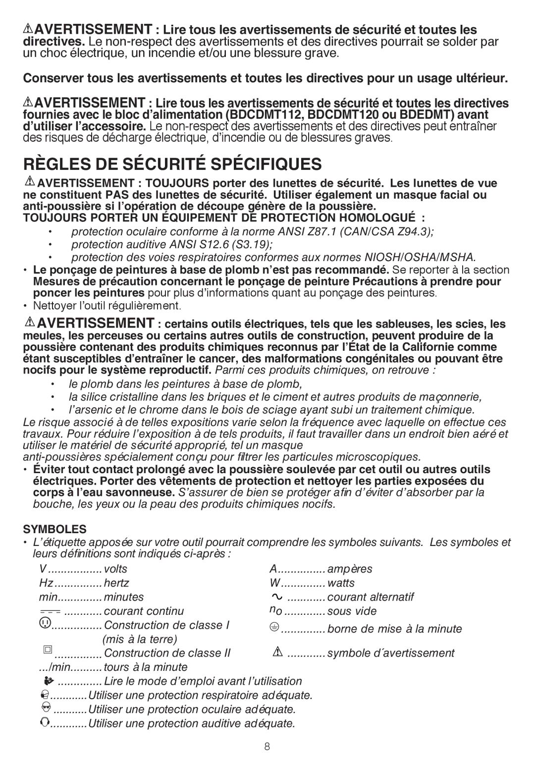 Black & Decker BDCMTS Règles DE Sécurité Spécifiques, Toujours Porter UN Équipement DE Protection Homologué, Symboles 