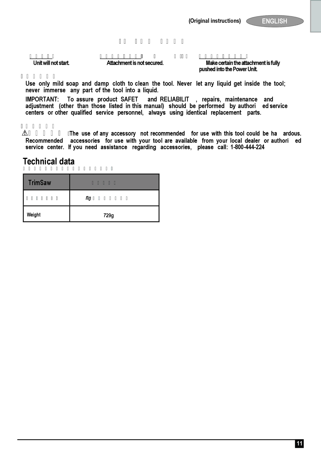 Black & Decker BDCMTTS-XE manual TROuBLEShOOTING, TrimSaw, Original instructions English 