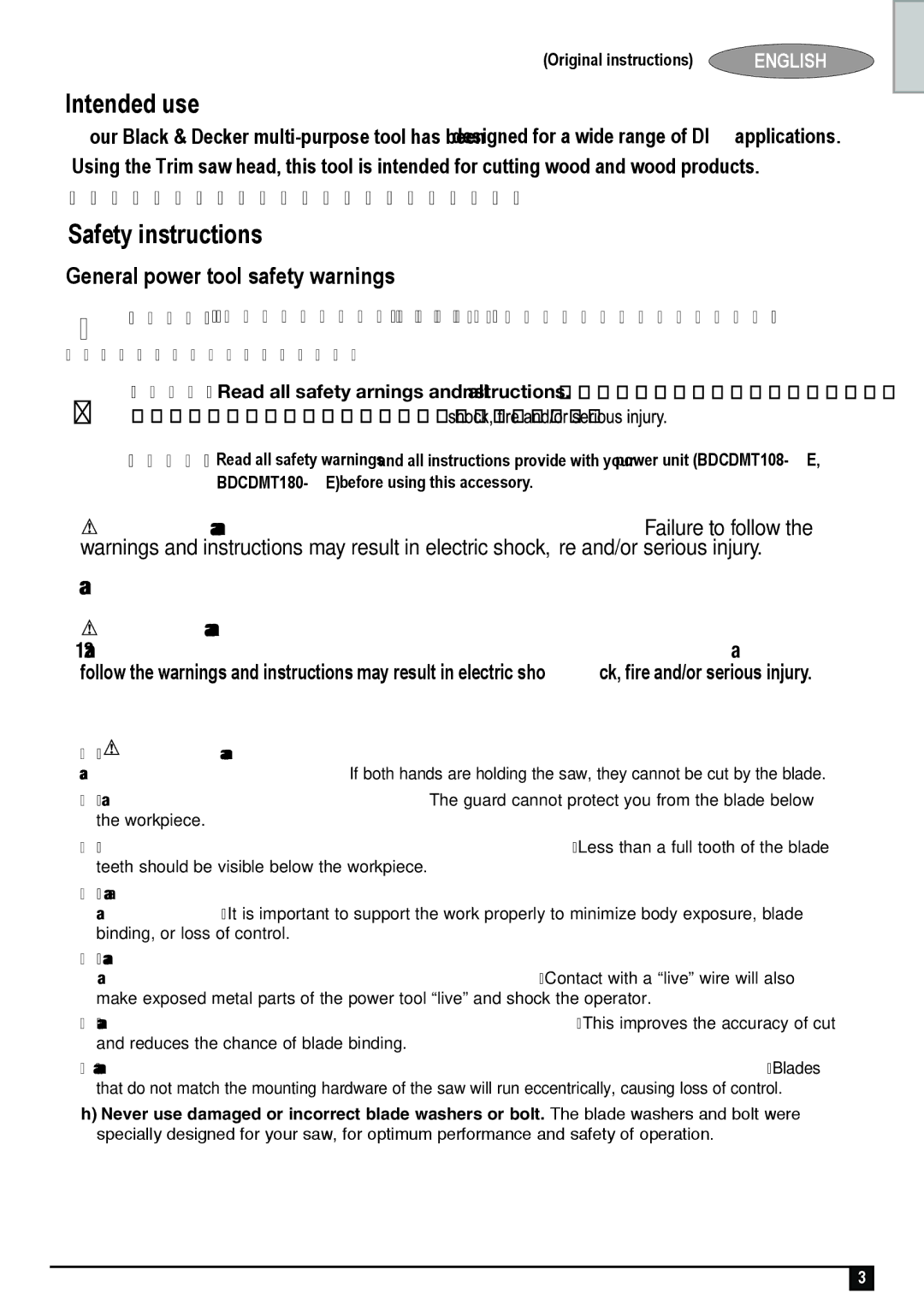 Black & Decker BDCMTTS-XE manual Original instructions, General power tool safety warnings 