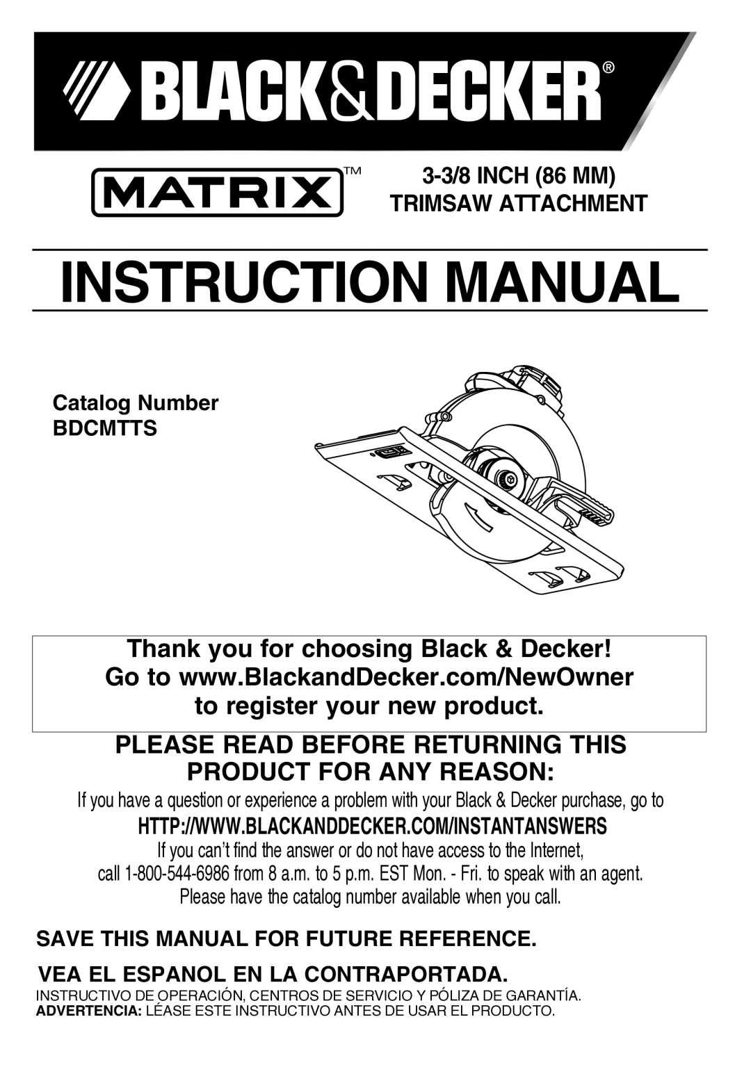 Black & Decker bdcmtts instruction manual Please Read Before Returning this Product for ANY Reason, Bdcmtts 