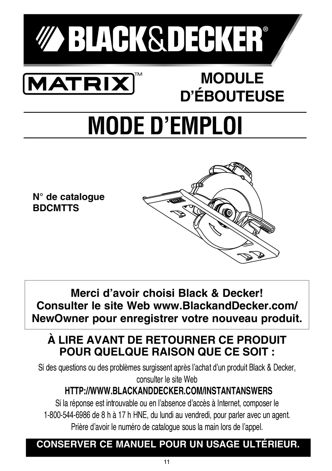 Black & Decker bdcmtts instruction manual Mode D’EMPLOI 