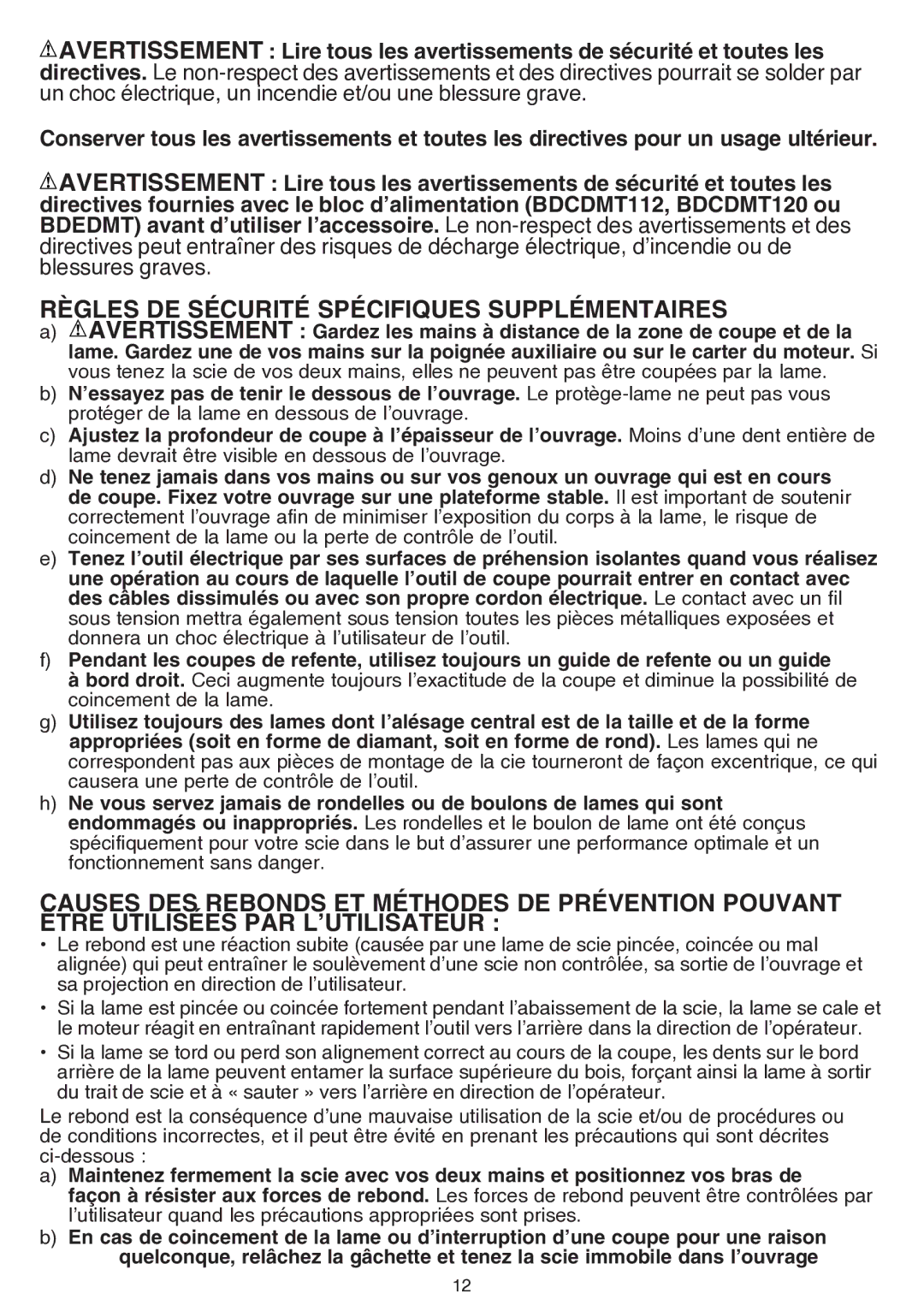 Black & Decker bdcmtts instruction manual Règles DE Sécurité Spécifiques Supplémentaires 