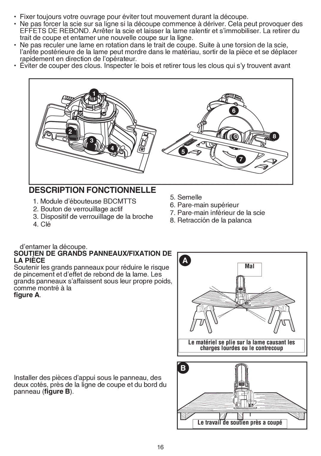 Black & Decker bdcmtts instruction manual Description Fonctionnelle, Soutien DE Grands PANNEAUX/FIXATION DE LA Pièce 