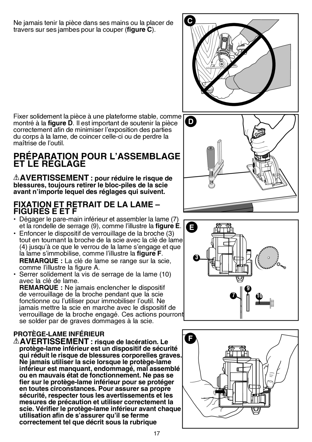 Black & Decker bdcmtts instruction manual Préparation Pour L’ASSEMBLAGE ET LE Réglage, Fixation ET Retrait DE LA Lame 