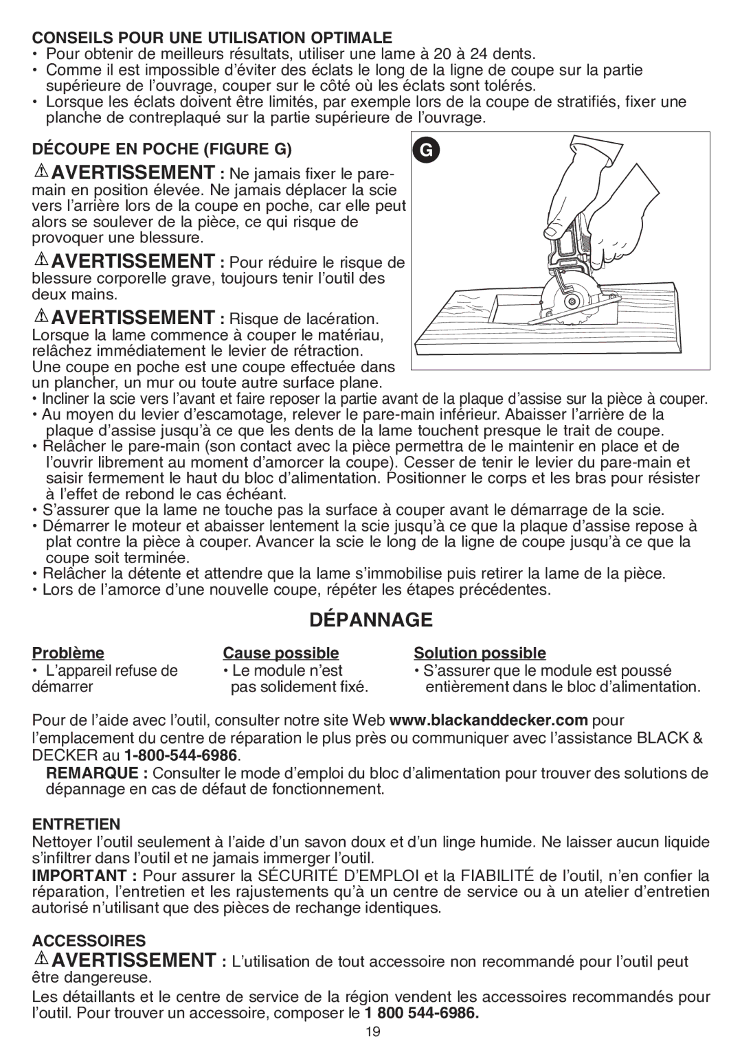 Black & Decker bdcmtts Dépannage, Conseils Pour UNE Utilisation Optimale, Découpe EN Poche Figure G, Entretien 