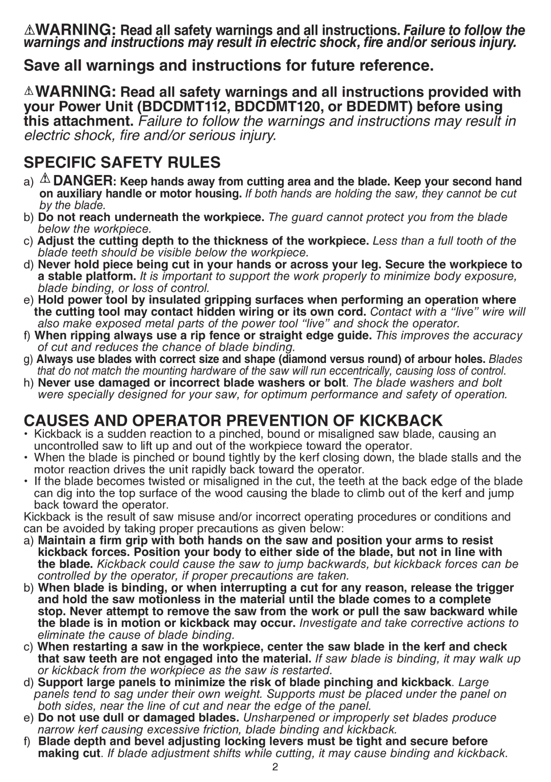 Black & Decker bdcmtts instruction manual Specific Safety Rules, Causes and Operator Prevention of Kickback 