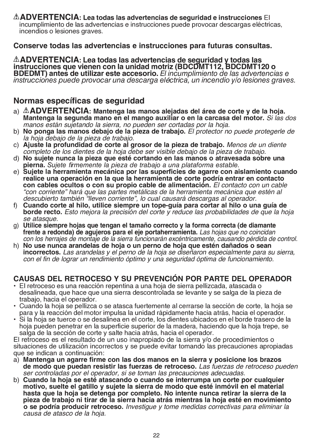 Black & Decker bdcmtts instruction manual Normas específicas de seguridad 