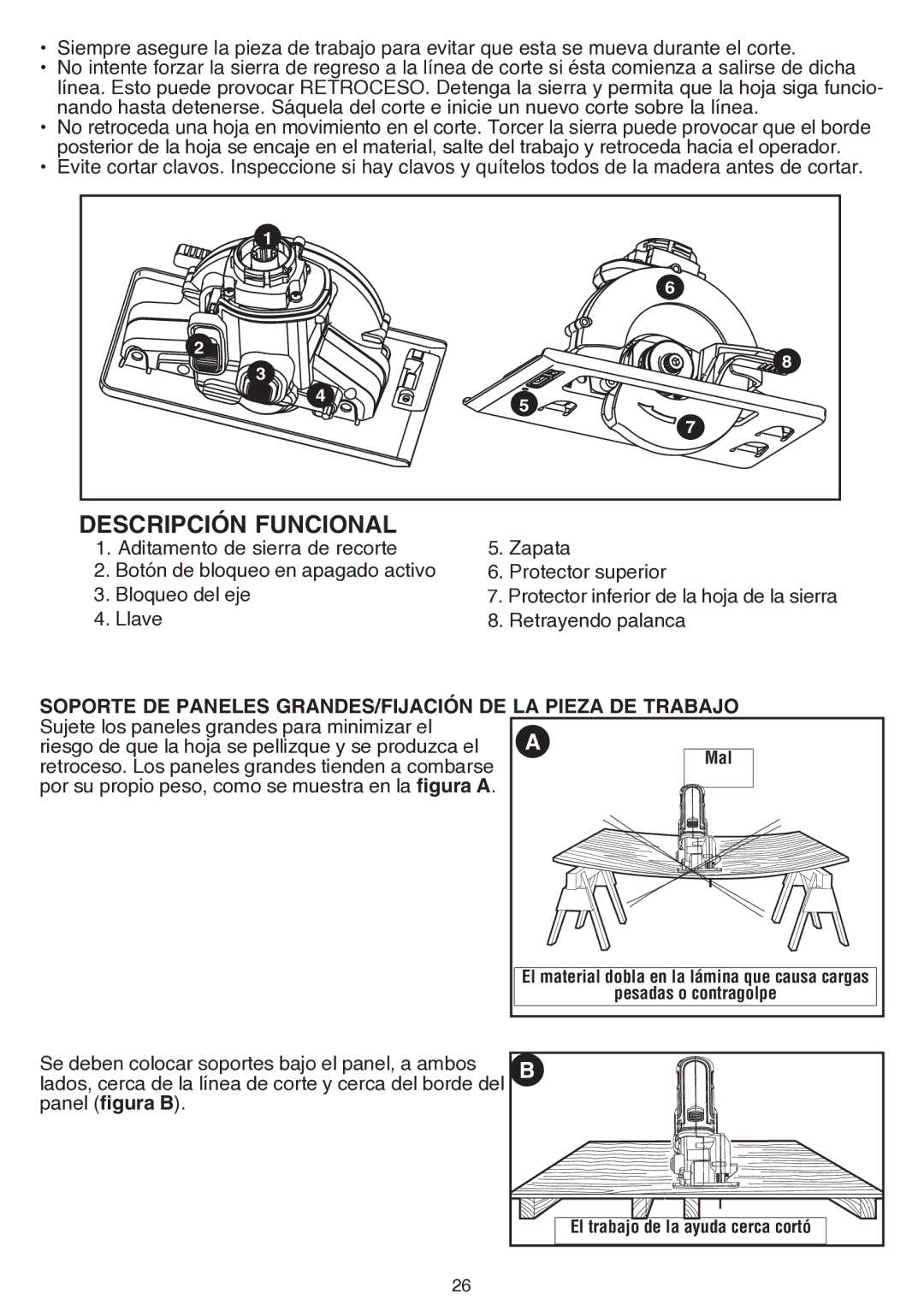 Black & Decker bdcmtts instruction manual Descripción Funcional, Soporte DE Paneles GRANDES/FIJACIÓN DE LA Pieza DE Trabajo 