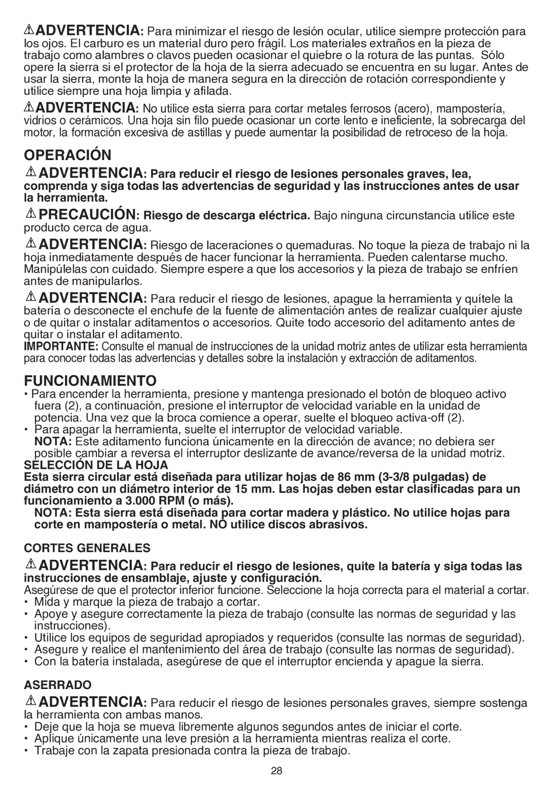 Black & Decker bdcmtts instruction manual Operación, Funcionamiento, Selección DE LA Hoja, Cortes Generales, Aserrado 