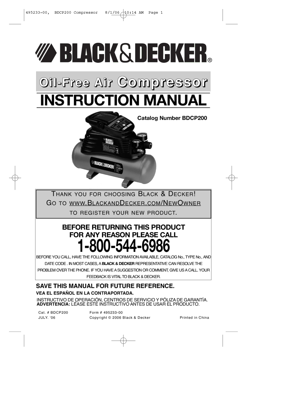 Black & Decker 495233-00, BDCP200 instruction manual Oil-Free Air Compressor, VEA EL Español EN LA Contraportada 