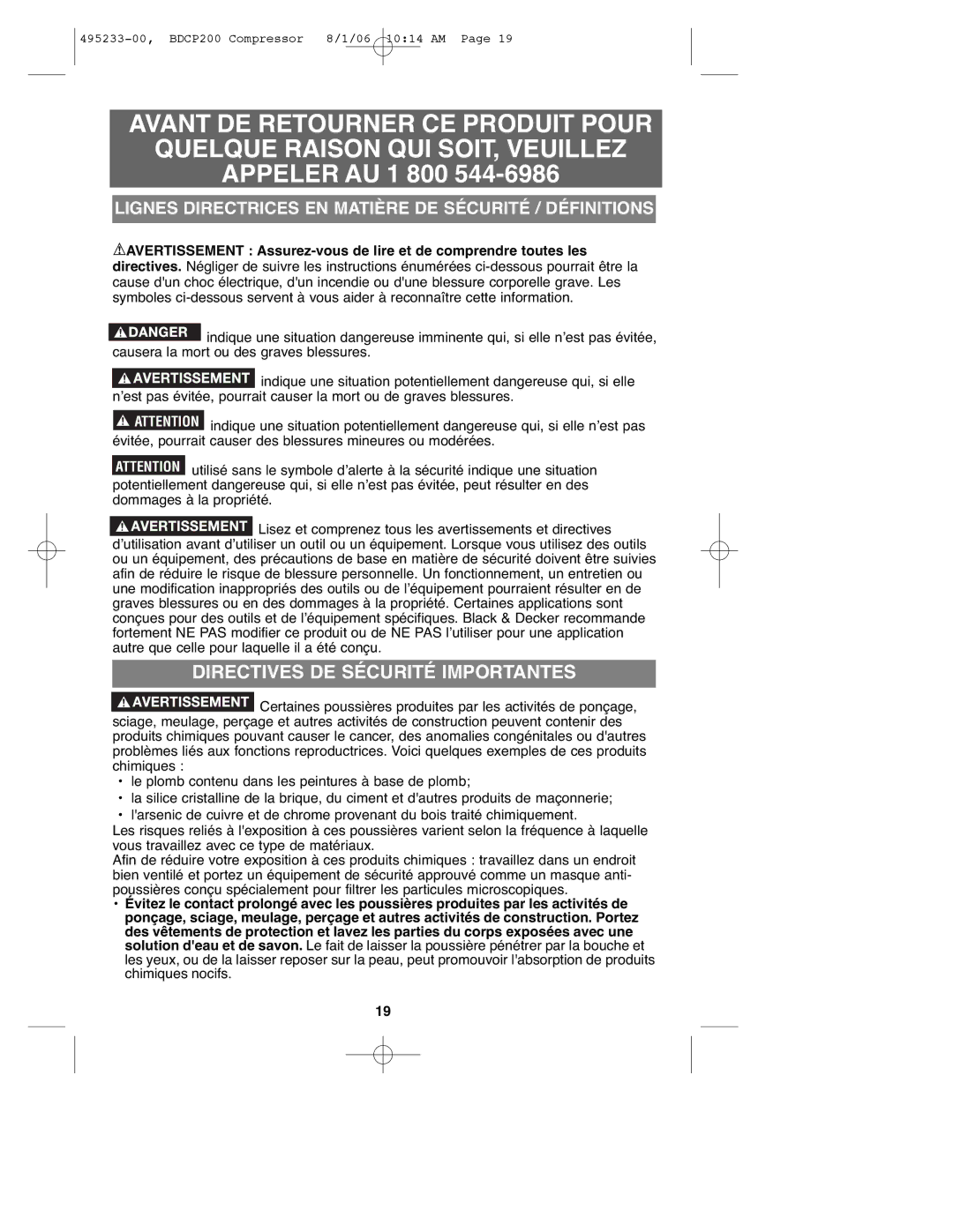 Black & Decker 495233-00, BDCP200 instruction manual Directives DE Sécurité Importantes 