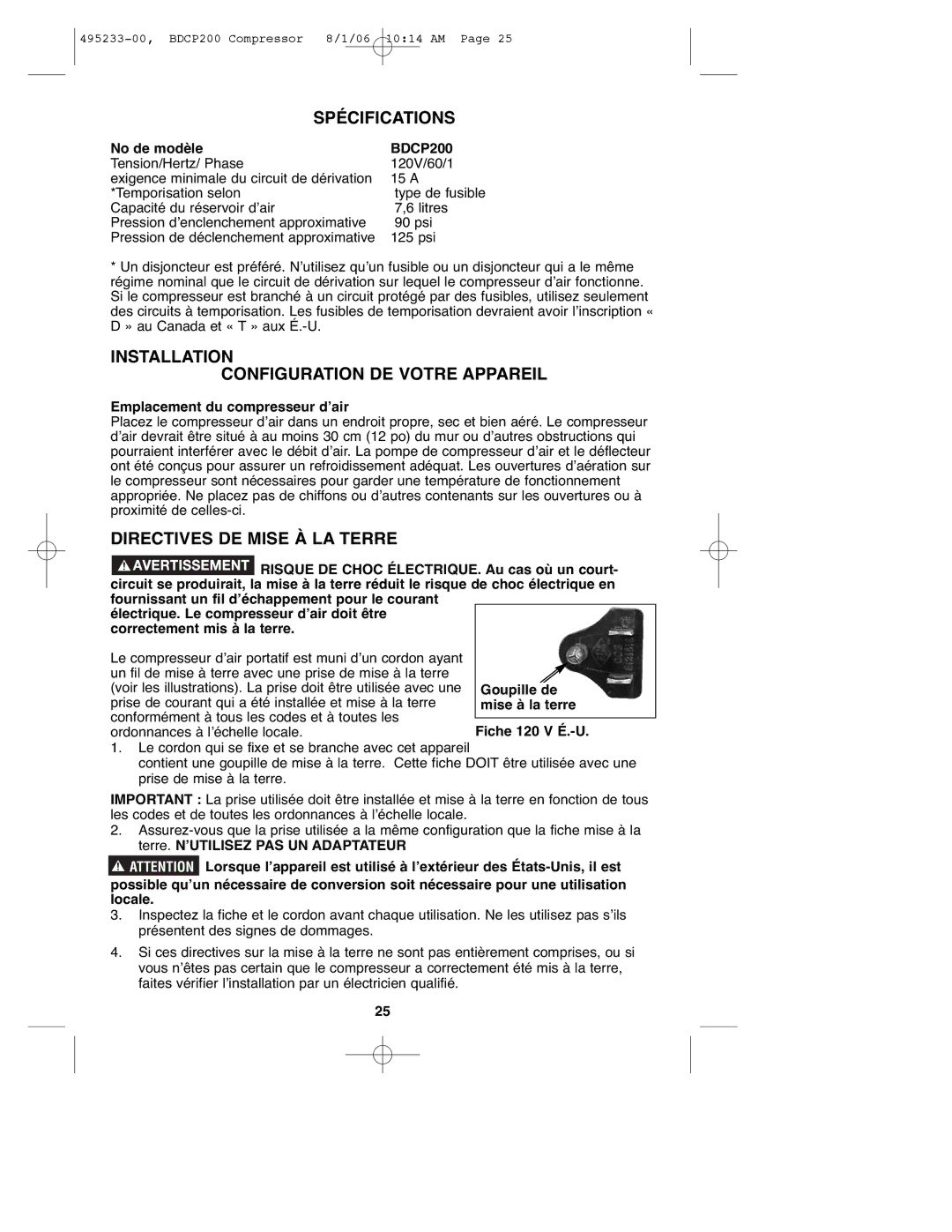 Black & Decker 495233-00 Spécifications, Installation Configuration DE Votre Appareil, Directives DE Mise À LA Terre 