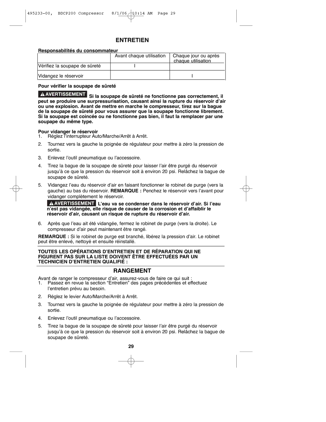 Black & Decker 495233-00, BDCP200 instruction manual Entretien, Rangement, Responsabilités du consommateur 