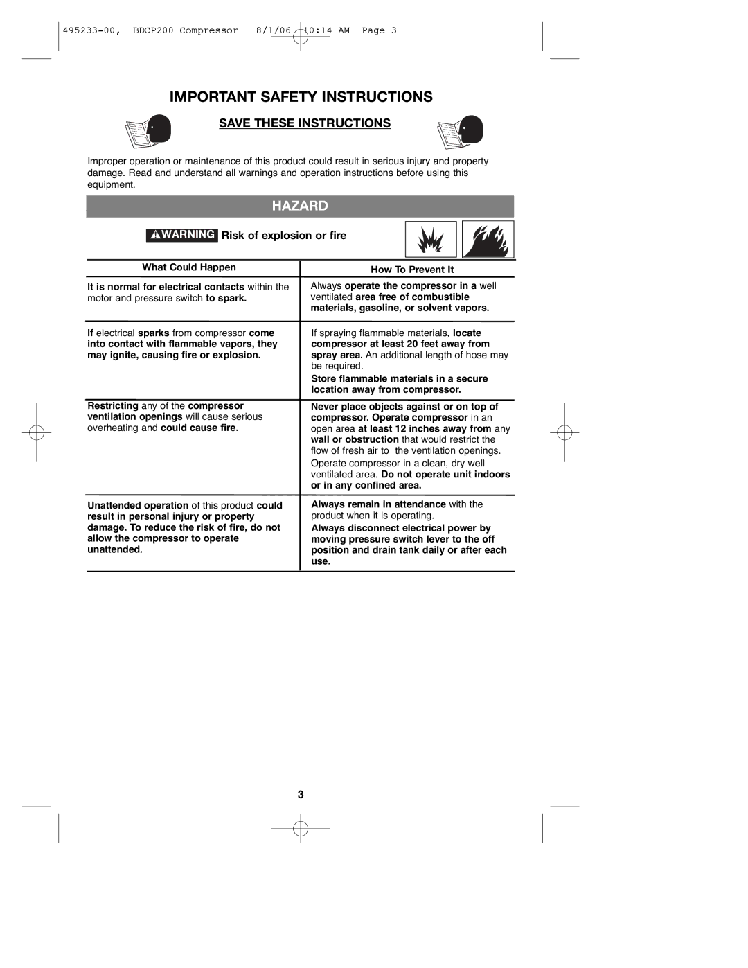 Black & Decker 495233-00, BDCP200 instruction manual Important Safety Instructions, Hazard 