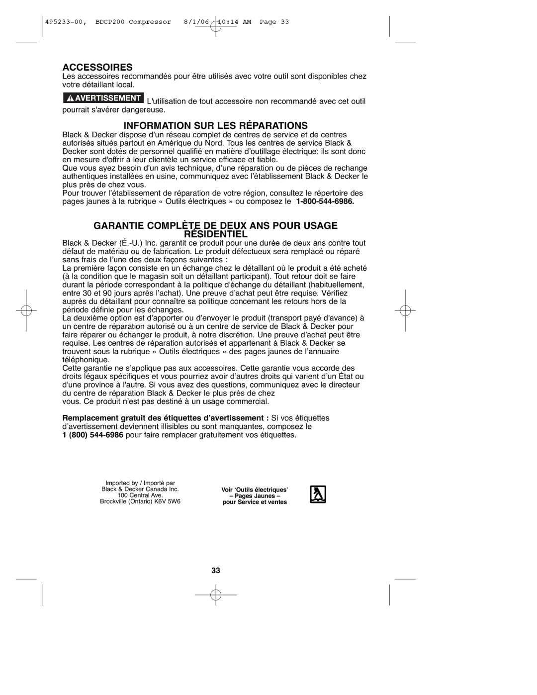 Black & Decker 495233-00, BDCP200 instruction manual Accessoires, Information SUR LES Réparations 