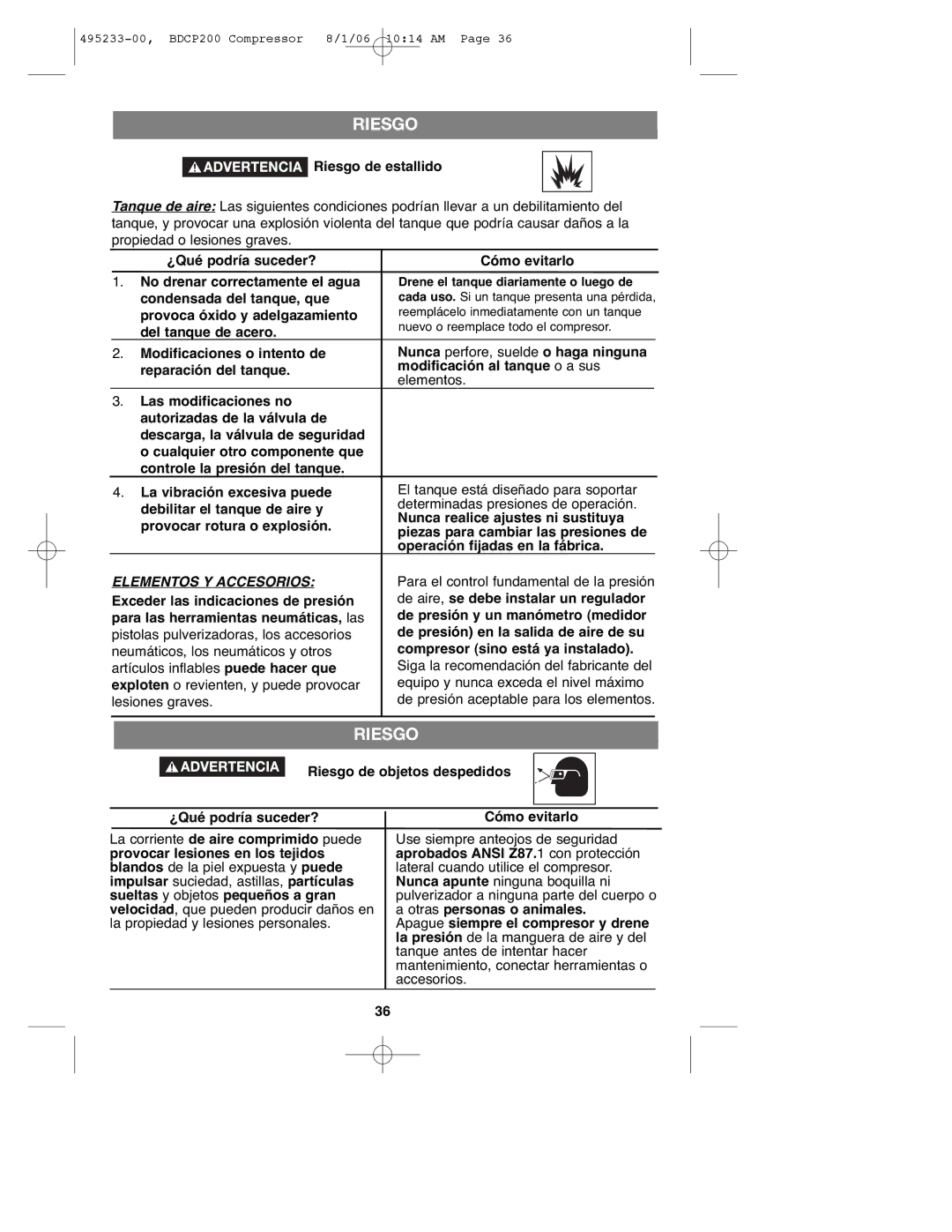 Black & Decker BDCP200, 495233-00 Riesgo de estallido, Condensada del tanque, que, Provoca óxido y adelgazamiento 