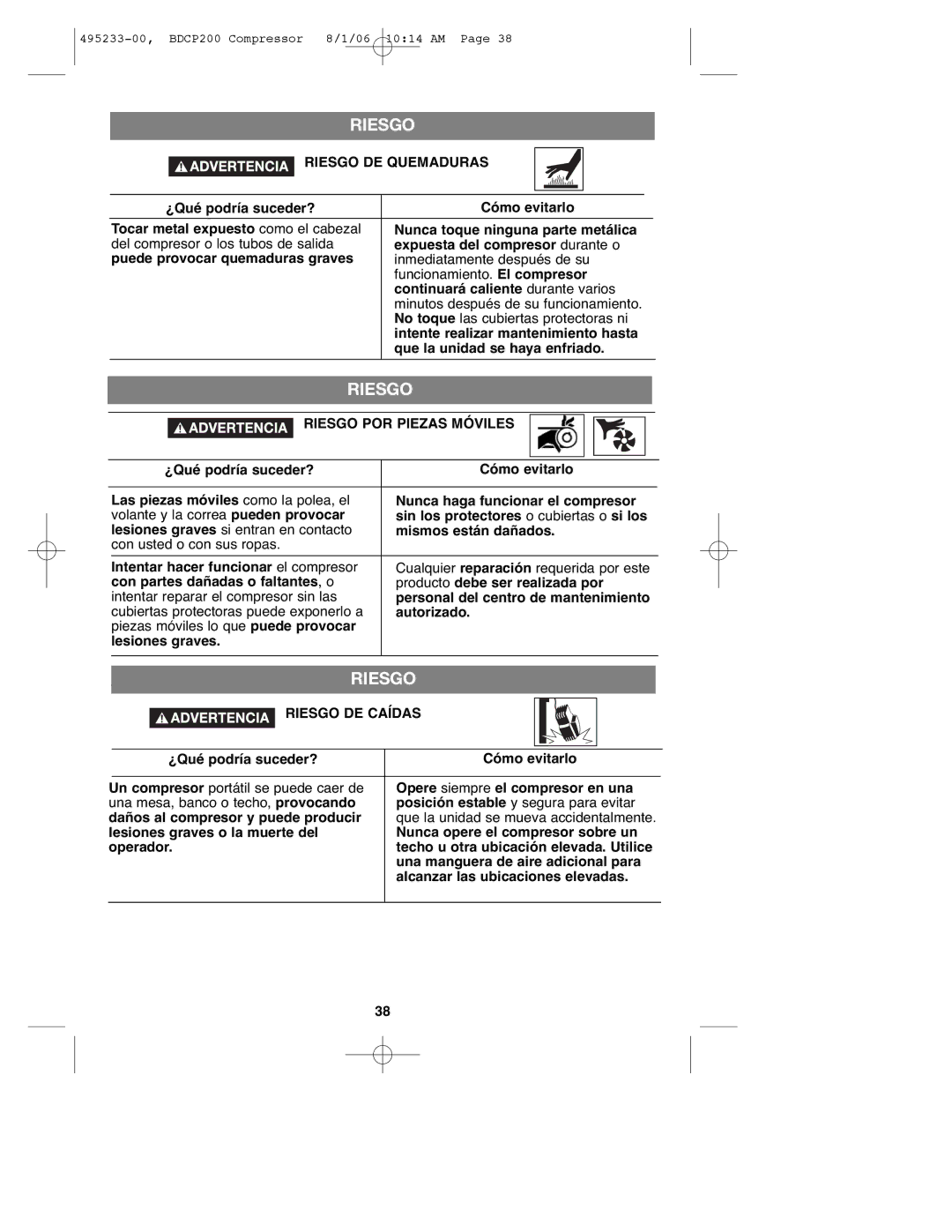 Black & Decker BDCP200, 495233-00 instruction manual Riesgo DE Quemaduras, Riesgo POR Piezas Móviles, Riesgo DE Caídas 