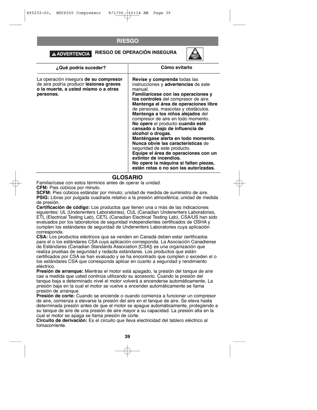 Black & Decker 495233-00, BDCP200 instruction manual Glosario, Riesgo DE Operación Insegura 