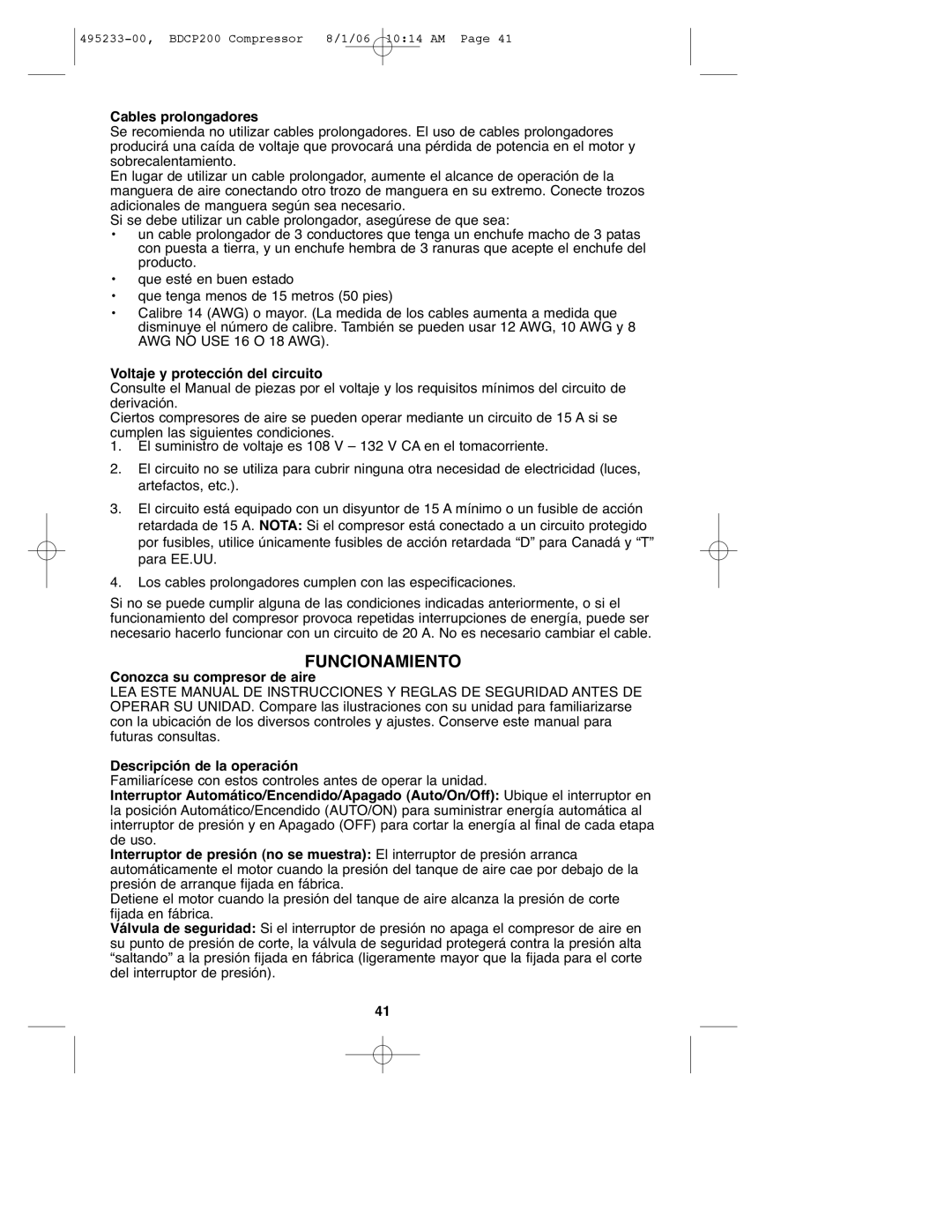 Black & Decker 495233-00, BDCP200 instruction manual Funcionamiento, Cables prolongadores, Voltaje y protección del circuito 