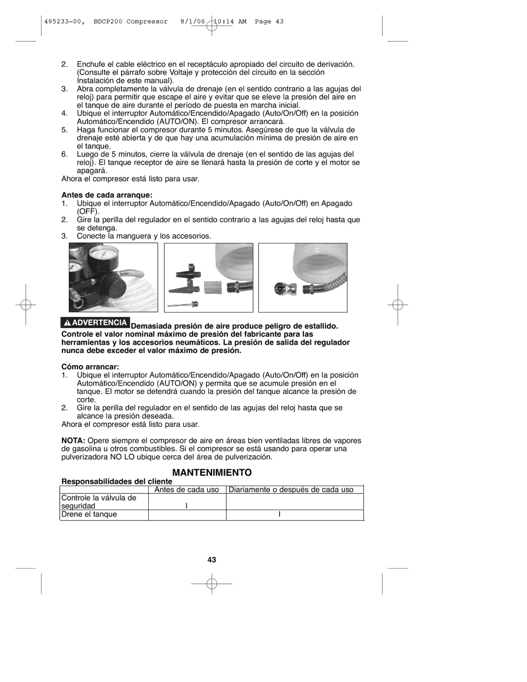 Black & Decker 495233-00, BDCP200 instruction manual Mantenimiento, Antes de cada arranque, Responsabilidades del cliente 