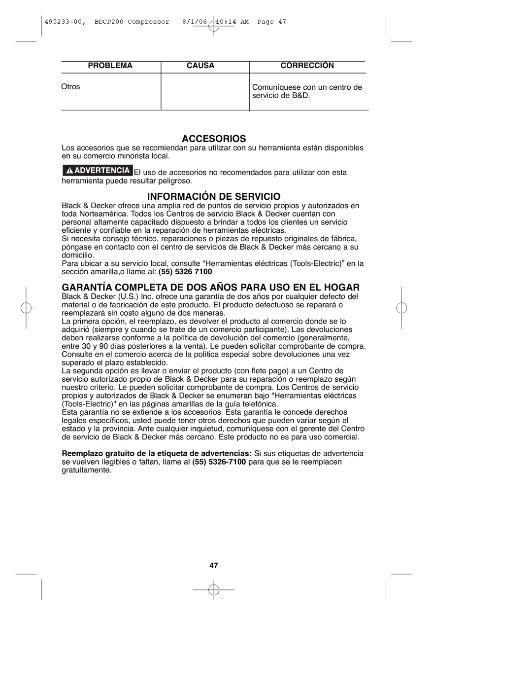 Black & Decker 495233-00, BDCP200 Accesorios, Información DE Servicio, Garantía Completa DE DOS Años Para USO EN EL Hogar 