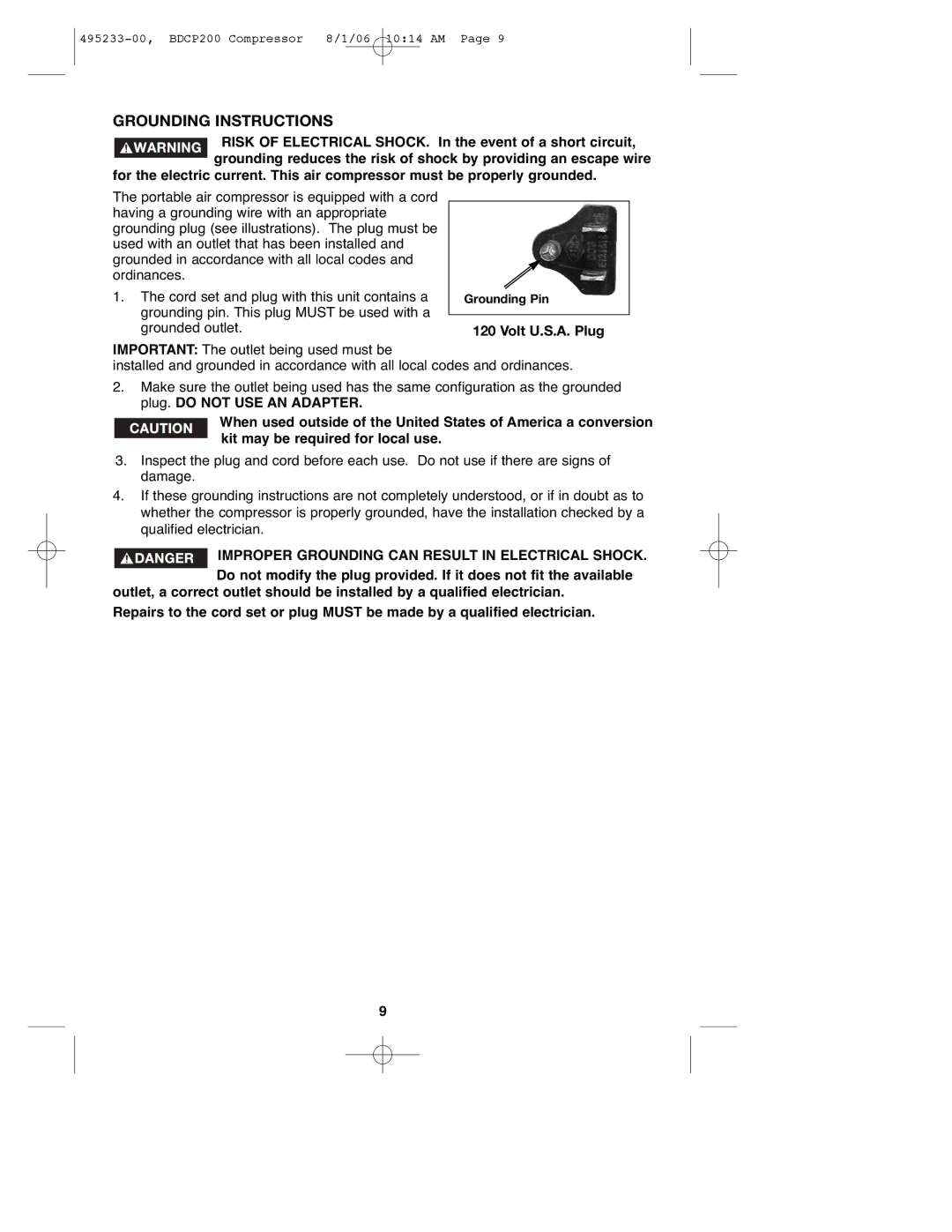 Black & Decker 495233-00, BDCP200 instruction manual Grounding Instructions 