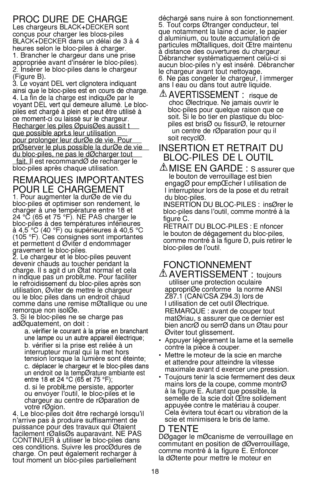 Black & Decker BDCR20B instruction manual Procédure de charge, Remarques importantes pour le chargement, Détente 