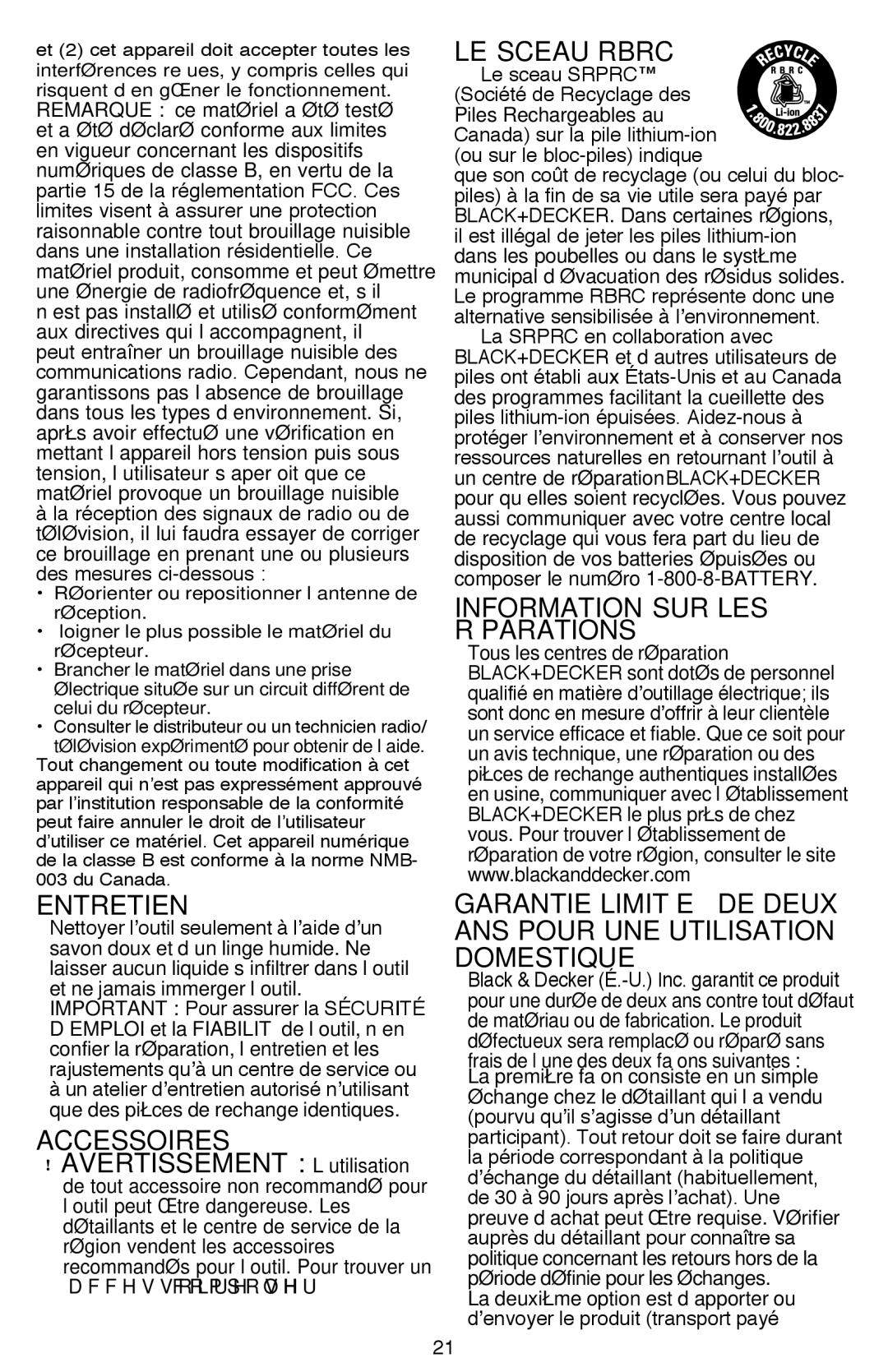 Black & Decker BDCR20B instruction manual Entretien, Le sceau Rbrc 