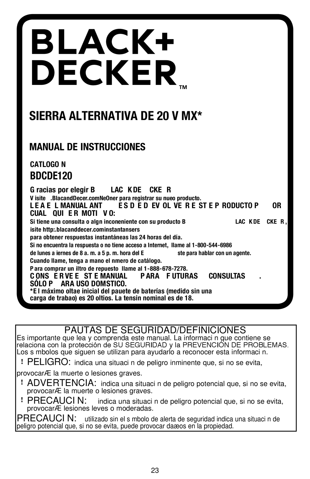 Black & Decker BDCR20B instruction manual Sierra alternativa De 20 v mÁx, Pautas DE SEGURIDAD/DEFINICIONES 