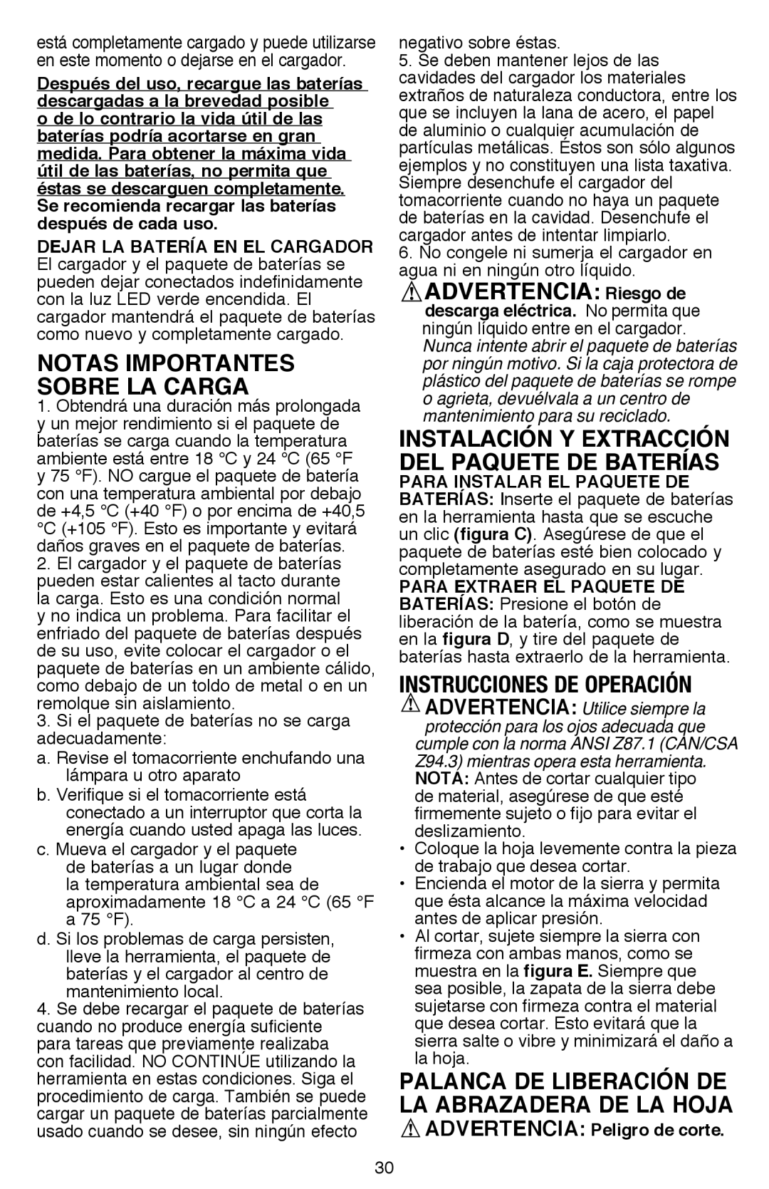 Black & Decker BDCR20B Notas importantes sobre la carga, Instrucciones de operación, Advertencia Peligro de corte 