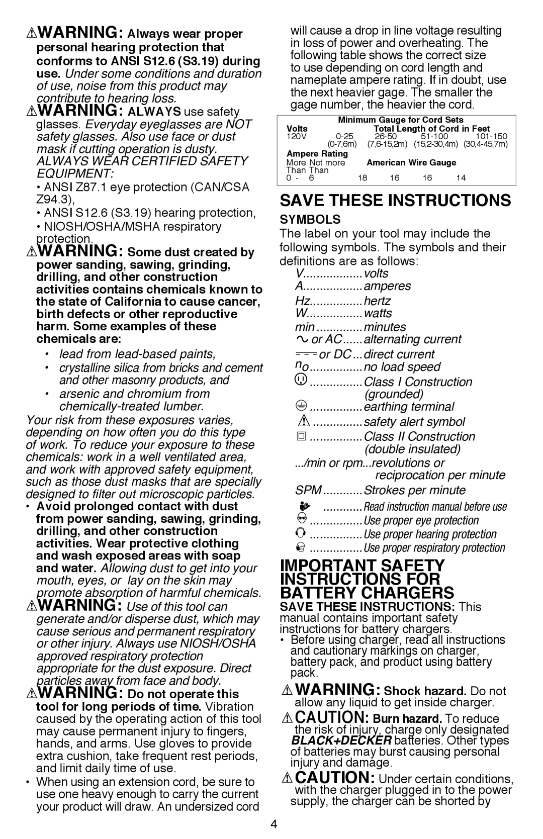 Black & Decker BDCR20B instruction manual Important Safety Instructions for Battery Chargers, Symbols 