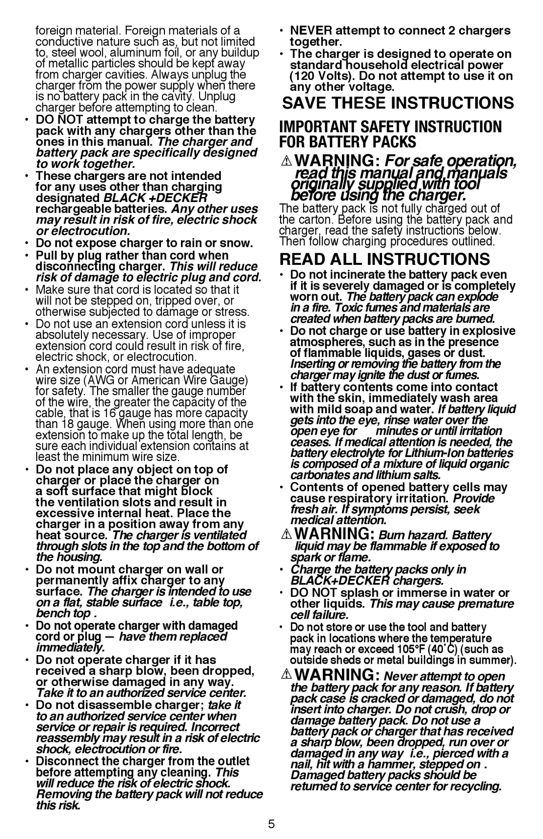 Black & Decker BDCR20B instruction manual Important Safety Instruction for Battery Packs, Read all Instructions 