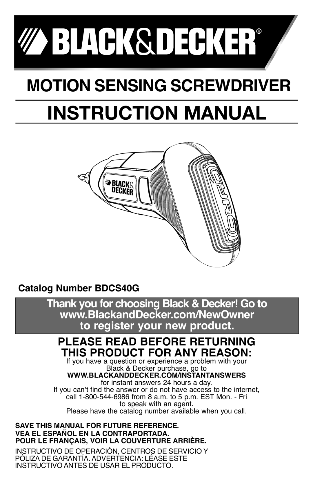 Black & Decker BDCS40G instruction manual Motionsensing Screwdriver 