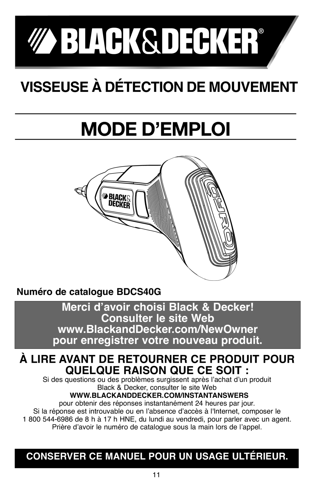 Black & Decker BDCS40G instruction manual Mode D’EMPLOI 