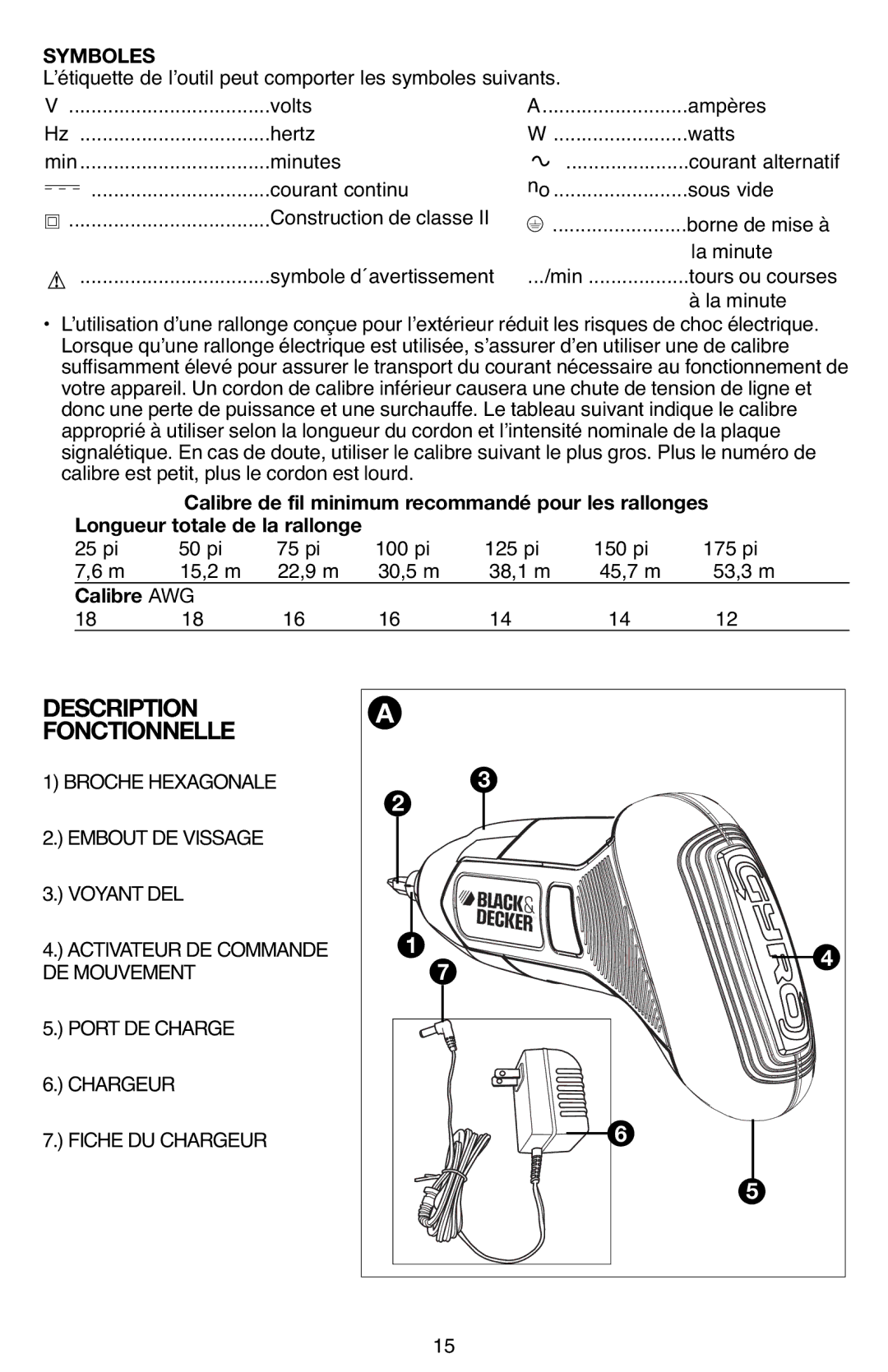 Black & Decker BDCS40G Symboles, Calibre de fil minimum recommandé pour les rallonges, Longueur totale de la rallonge 