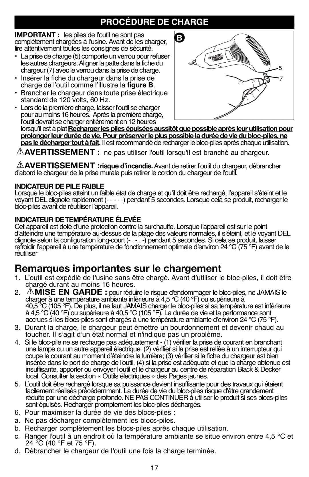 Black & Decker BDCS40G instruction manual Procédure DE Charge, Important les pilesde lʼoutilne sontpas 