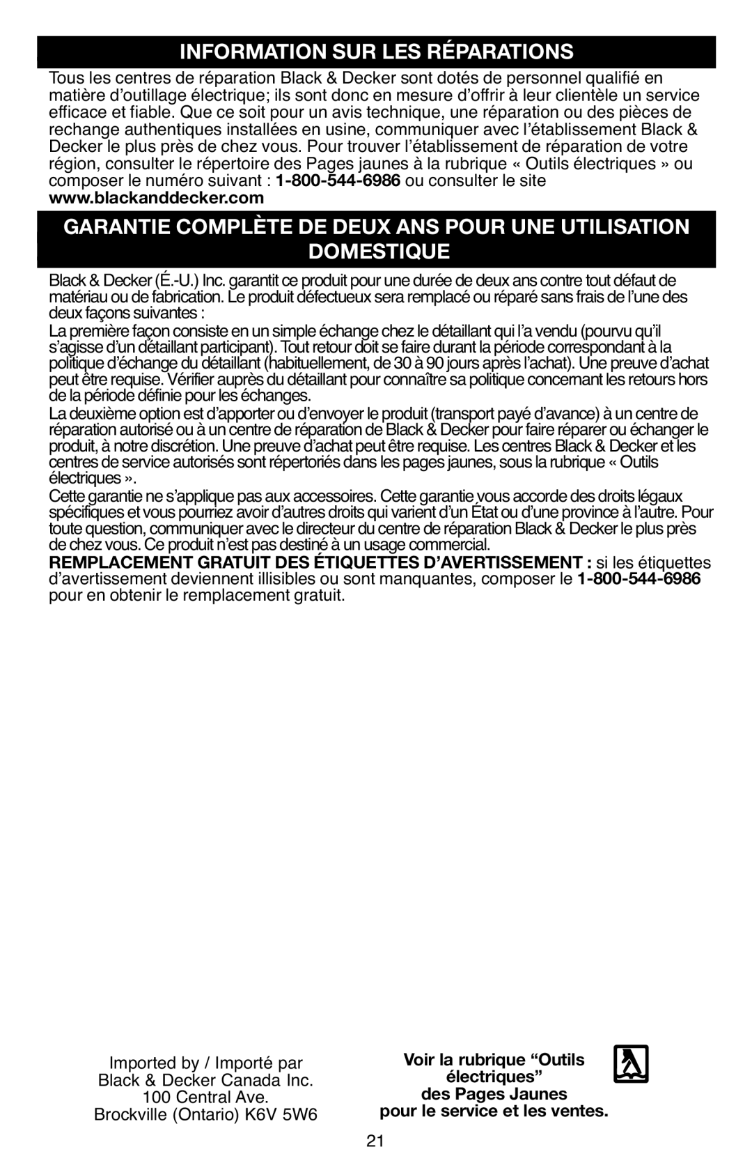 Black & Decker BDCS40G instruction manual Information SUR LES Réparations 