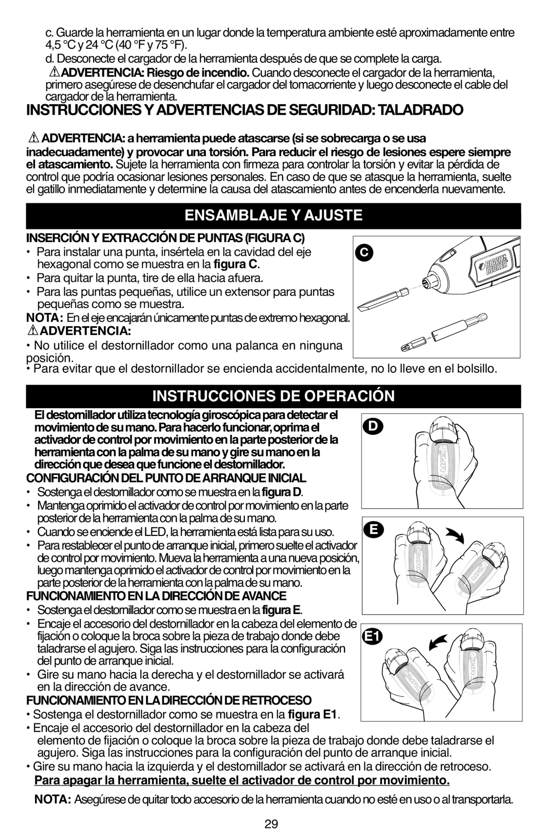 Black & Decker BDCS40G Ensamblaje Y Ajuste, Instrucciones DE Operación, Insercióny Extraccióndepuntasfigurac, Advertencia 