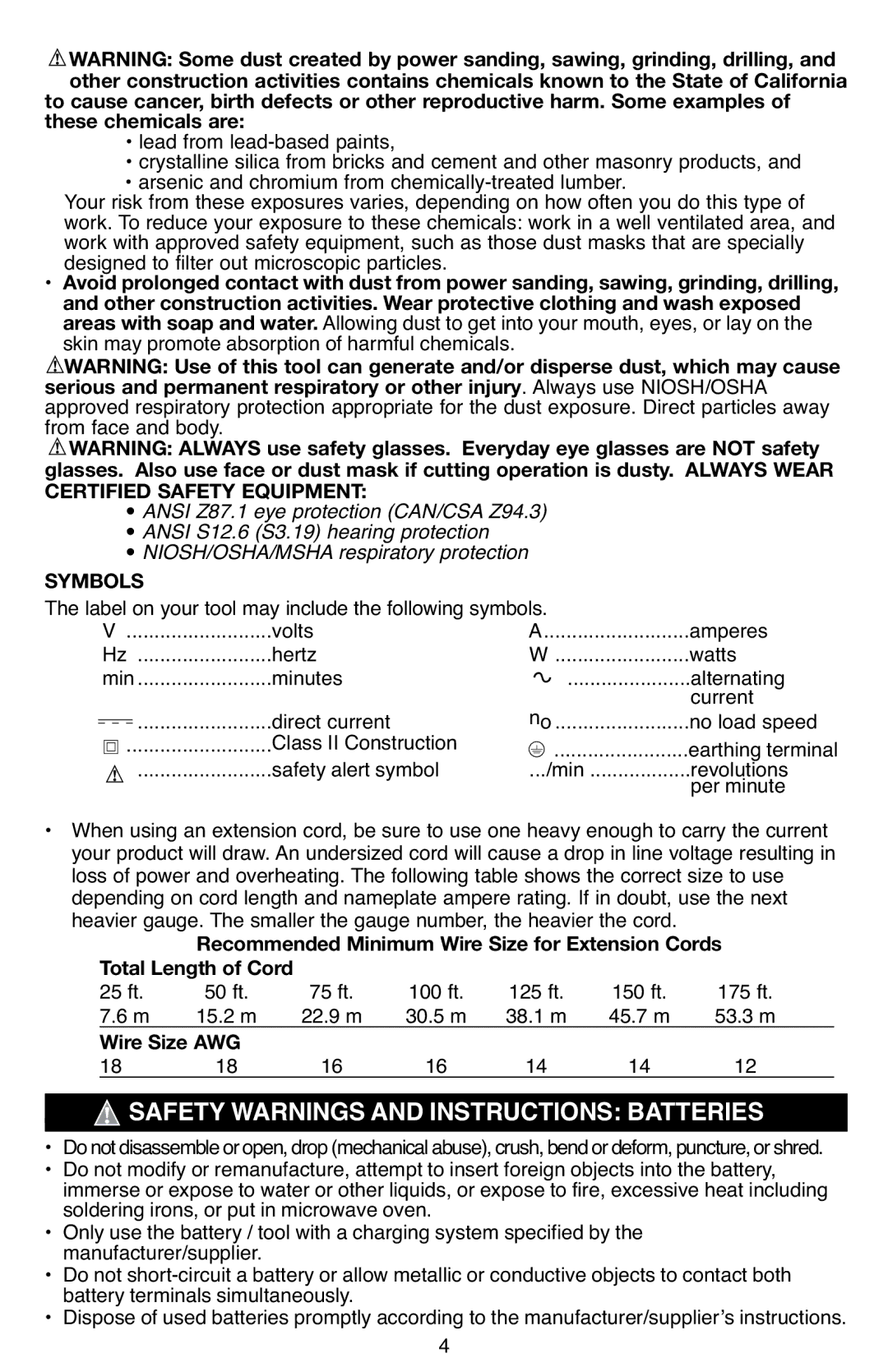 Black & Decker BDCS40G Safety Warnings and Instructions Batteries, Symbols, Total Length of Cord, Wire Size AWG 