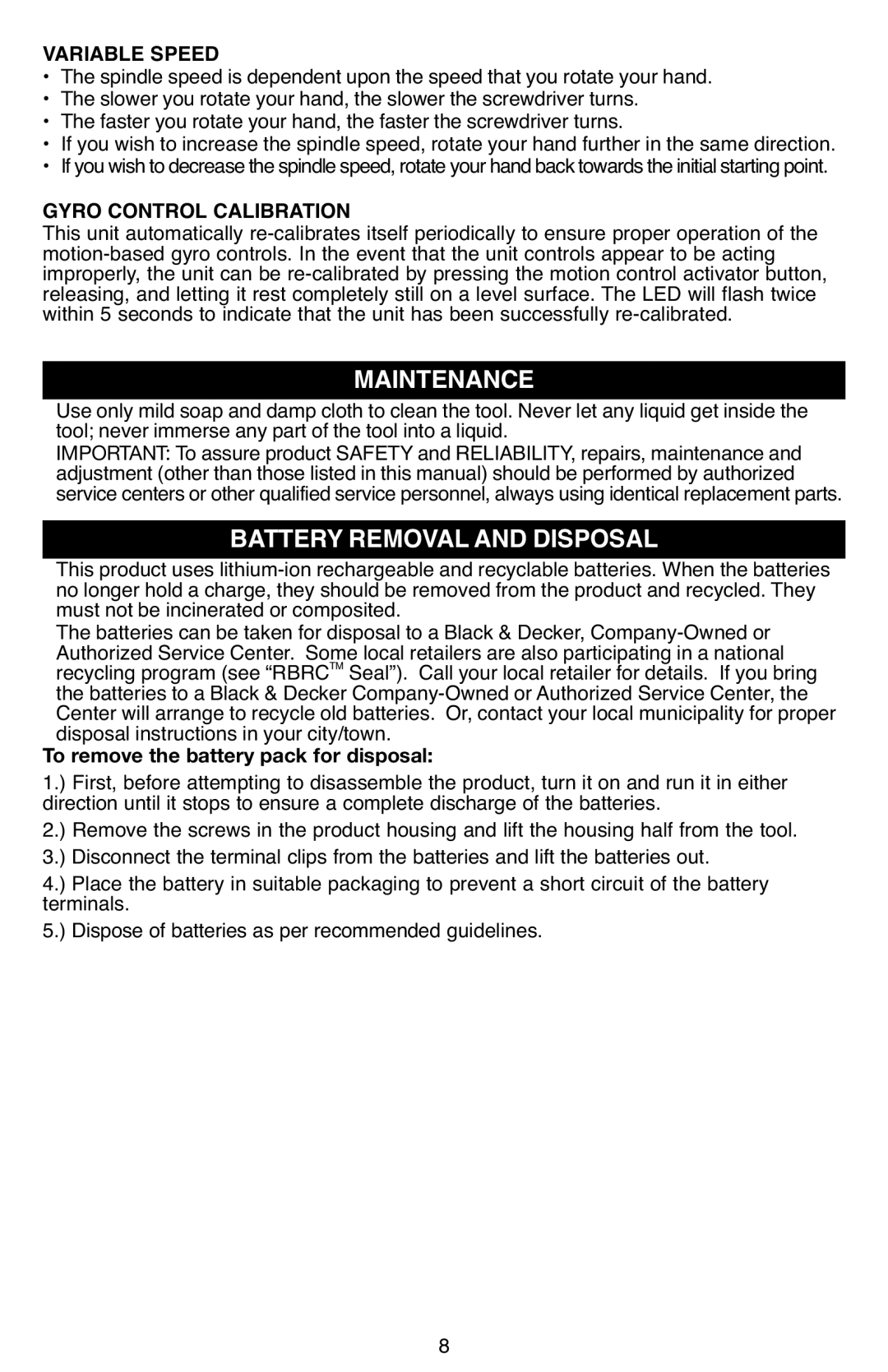 Black & Decker BDCS40G Maintenance, Battery Removaland Disposal, Variable Speed, Gyro Control Calibration 