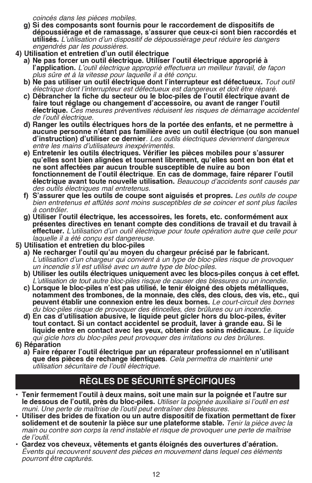 Black & Decker BDCS80I instruction manual Règles de sécurité spécifiques 