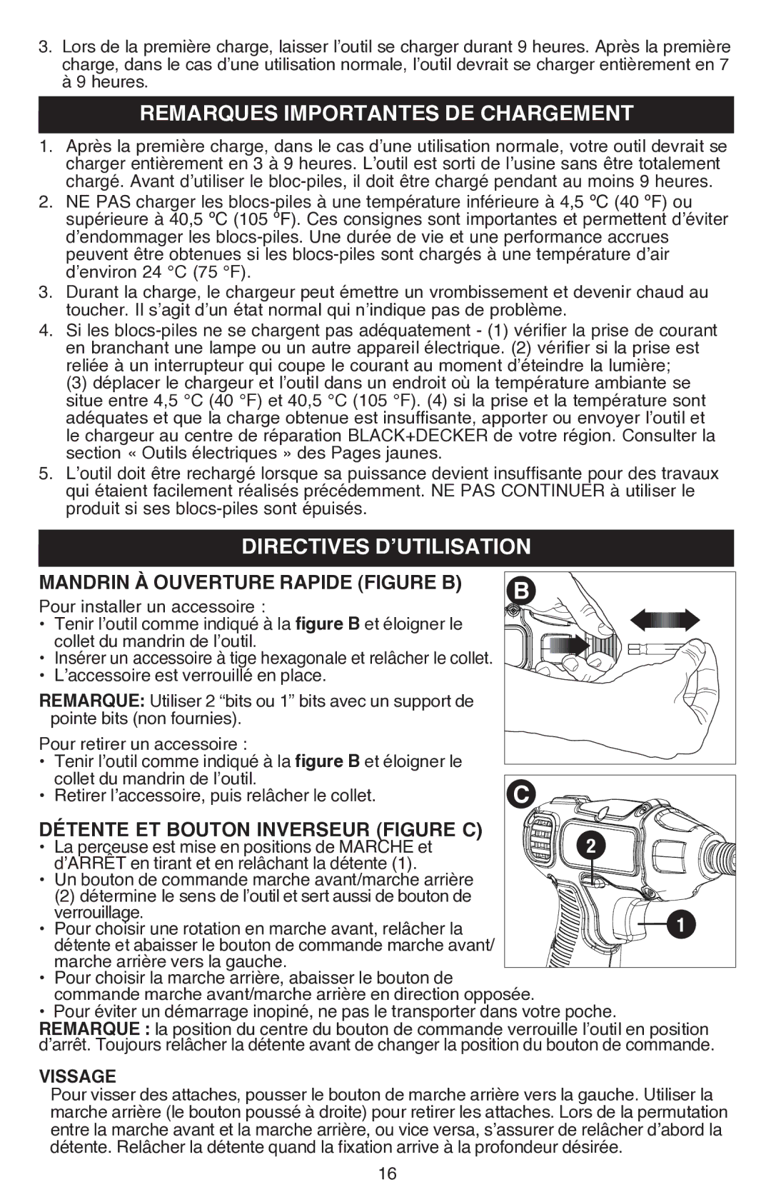 Black & Decker BDCS80I instruction manual Remarques importantes de chargement, Mandrin à ouverture rapide Figure B, Vissage 