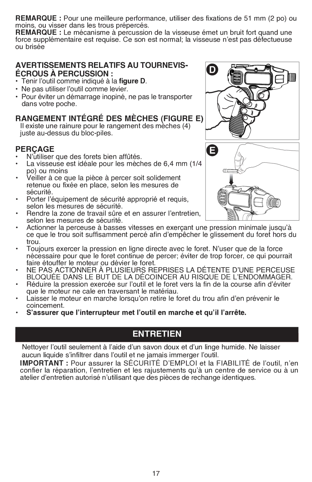 Black & Decker BDCS80I instruction manual Entretien, Avertissements relatifs au tournevis- écrous à percussion, Perçage 