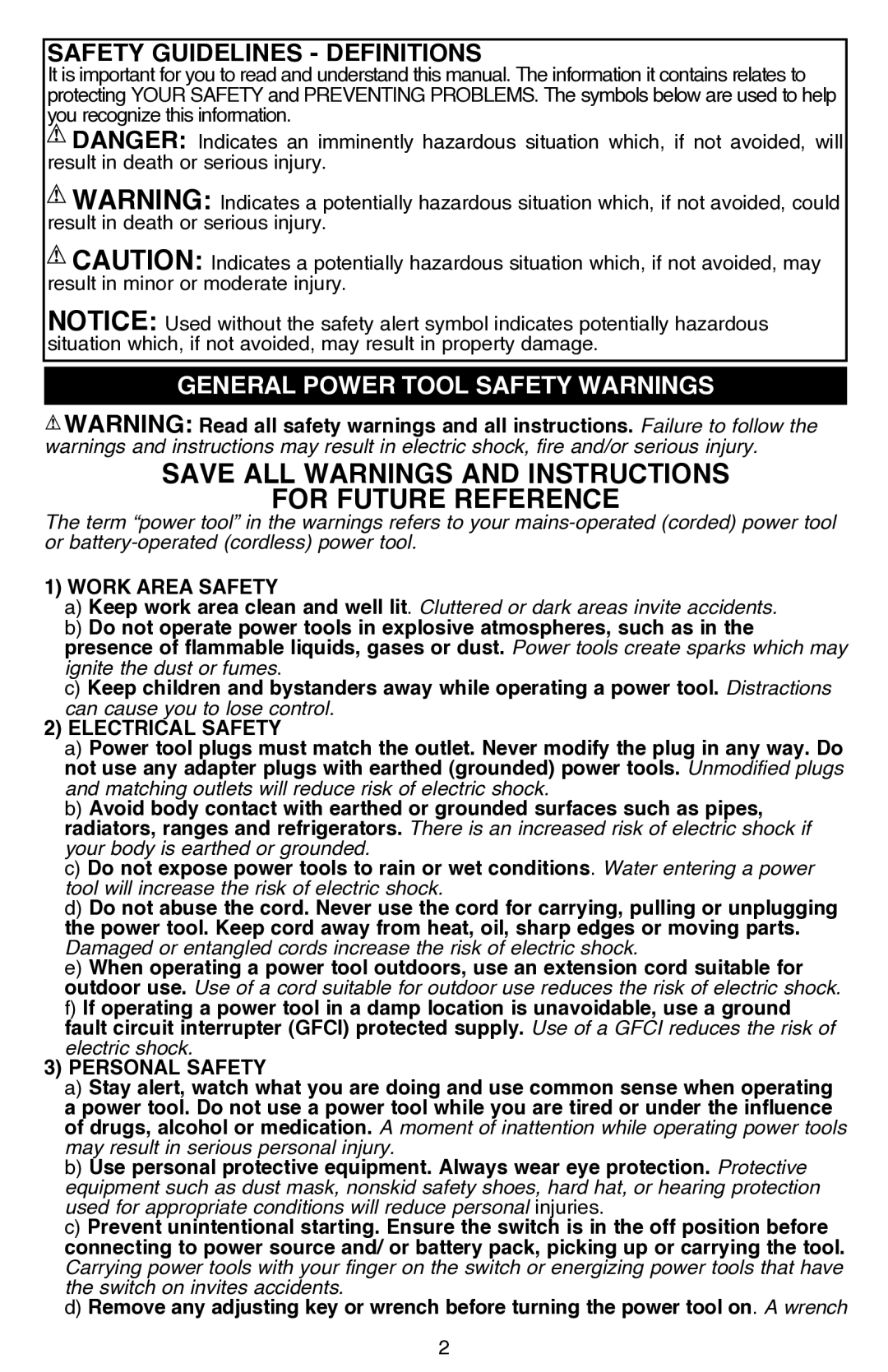 Black & Decker BDCS80I instruction manual General power tool safety warnings, Work Area Safety 